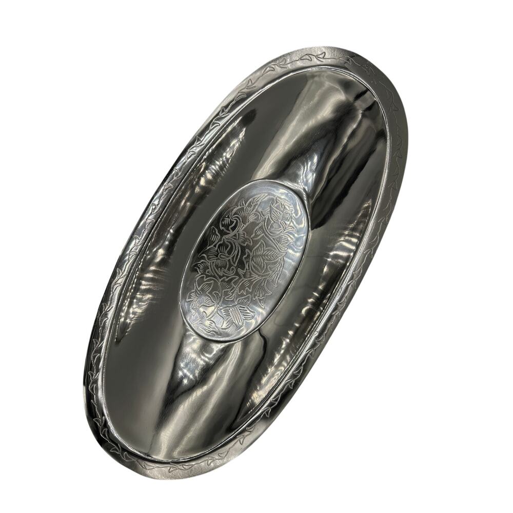 Ashland Into the West Decorative Chrome Oval Bowl – Floral Etched Design – New